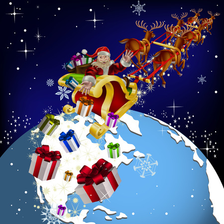 Santa Claus around the world. Santa delivers gifts on Christmas night. Santa Claus in deer buckle on Earth.のイラスト素材