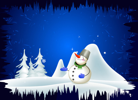 Snowman on the background of a winter landscape. Winter. Snowy winter landscape.のイラスト素材