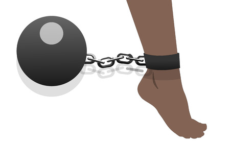 Womens feet shackled with metal bullet, vector art illustration violence.のイラスト素材