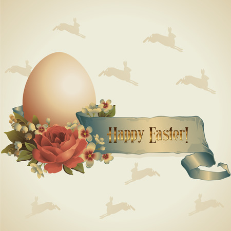 Easter egg with festive ribbon and flowers, vector art illustration Easter holiday.のイラスト素材