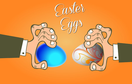 Fight Easter eggs, vector art illustration Easter eggs in their hands.のイラスト素材