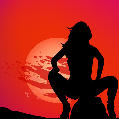 Sexy nude woman against a sunset vector art illustration.のイラスト素材