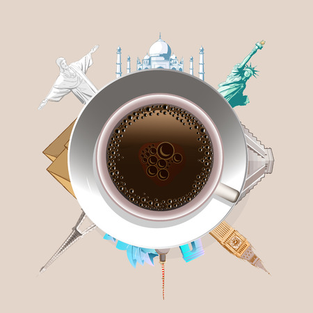 The concept of thinking about the journey with a cup of coffee vector art illustration.のイラスト素材