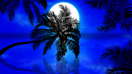 Palm trees against the night sunset, vector art illustration.のイラスト素材