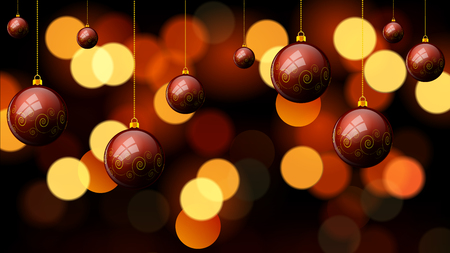 Hanging Christmas red balls with a pattern on the background bokeh, vector art illustration.のイラスト素材