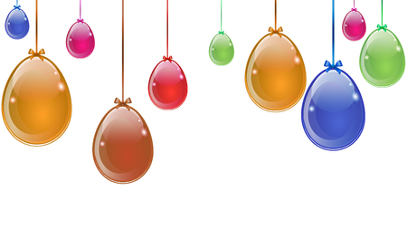 Abstract multicolored Easter eggs hanging on white background, vector art illustration.のイラスト素材