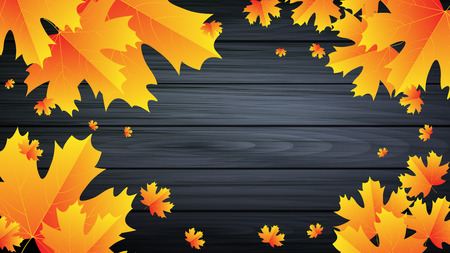 Autumn leaves on gray wooden boards, vector art illustration.のイラスト素材