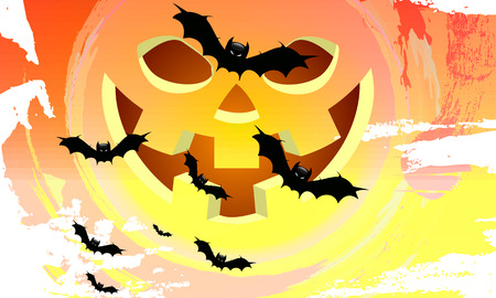 In the ats against the background of the orange moon, Halloween Pumpkins, vector art illustration.のイラスト素材