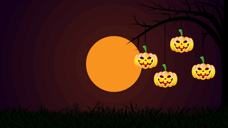 Hanging on a tree Halloween pumpkins, vector art illustration.のイラスト素材