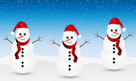 Snowman in santa claus hat on winter background, vector art illustration.のイラスト素材
