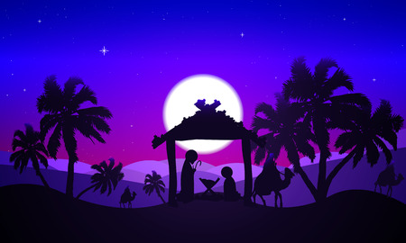 Jesus Mary and Joseph in the desert at night, art vector illustration.のイラスト素材