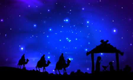 Jesus mary and joseph under the stars, vector art illustration.のイラスト素材