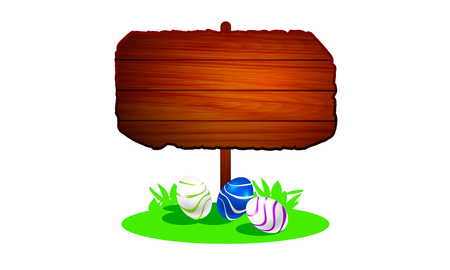 Wooden board and decorated easter eggs on green grassのイラスト素材