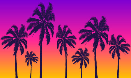 Summer yellow violet  with palm trees at sunsetのイラスト素材
