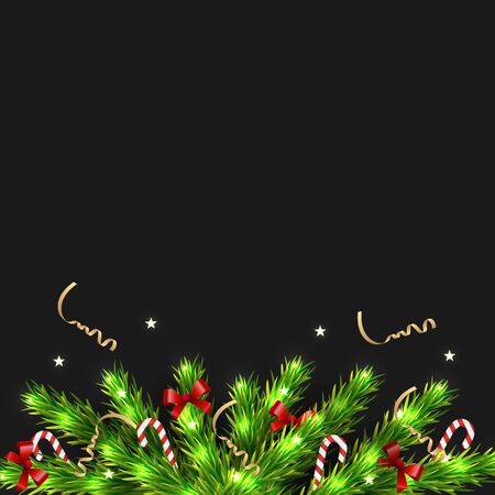 Lower border of Christmas tree branches with decorations, vector art illustration.のイラスト素材