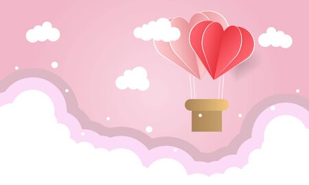 Hot air balloon heart in a cloudy pink sky, vector art illustration.のイラスト素材