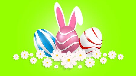 Three easter daisy eggs and rabbit ears, vector art illustration.のイラスト素材