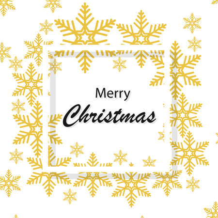 Merry christmas with golden snowflakes in white frame, vector art illustration.のイラスト素材