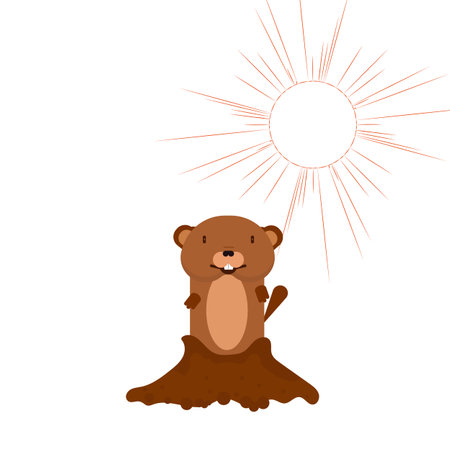 Groundhog from the hole in the background of the sun, vector art illustration.のイラスト素材