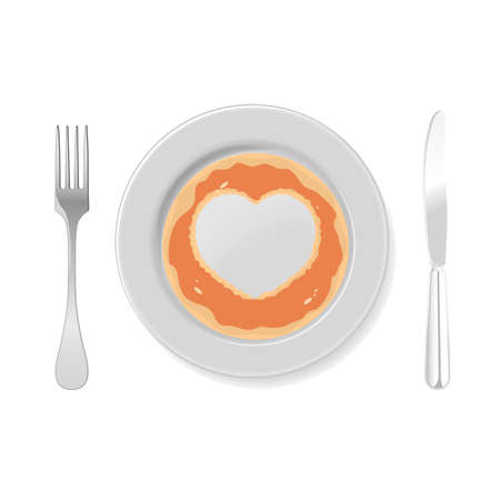 Pancake on a plate with a cut out heart, vector art illustration.のイラスト素材