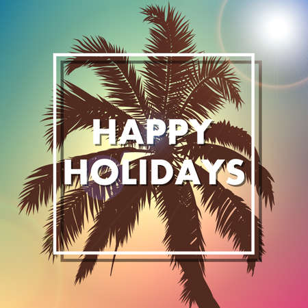 Happy holidays with palm tree at sunset, vector art illustration.のイラスト素材