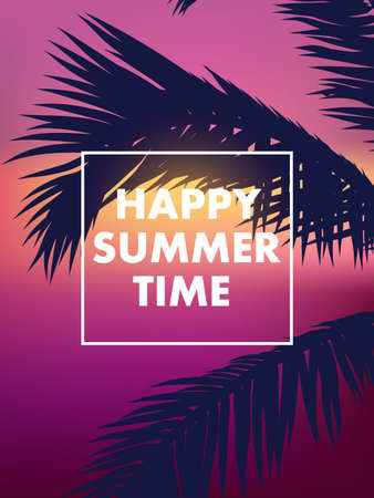 Happy summer time on tropical background with palm trees, vector art illustration.のイラスト素材