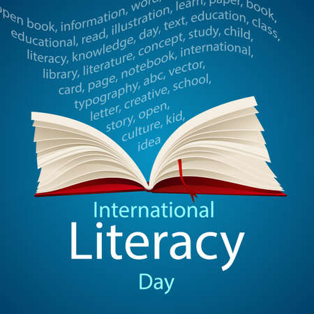 Words from an open book in international literacy day, vector art illustration.のイラスト素材