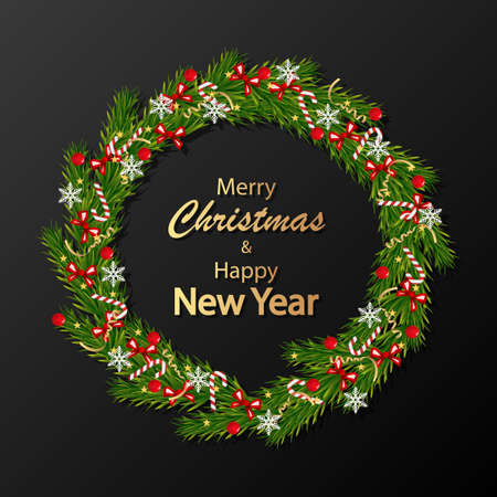 Christmas new year wreath of naturalistic pine branches, vector art illustration.のイラスト素材