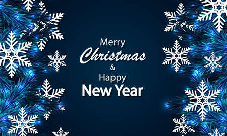 Christmas new year paper snowflakes in blue spruce branches, vector art illustration.のイラスト素材