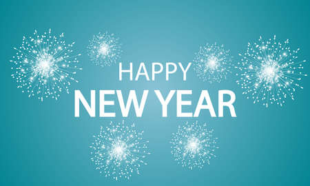 Happy new year typography with white fireworks on blue background, vector art illustration.のイラスト素材
