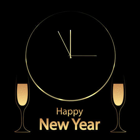 Gold watch and glasses of champagne for happy new year, vector art illustration.のイラスト素材
