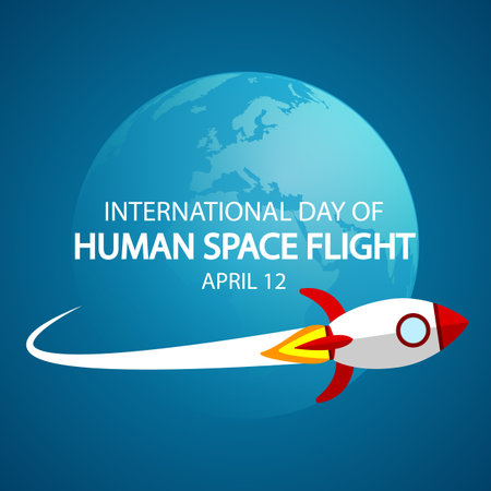 Human space flight International day of planet and rocket, vector art illustration.のイラスト素材