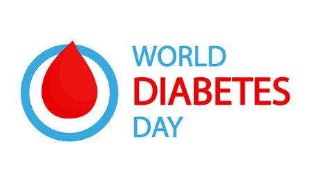 Diabetes day World medical symbol red blood drop in blue round frame, vector art illustration.のイラスト素材