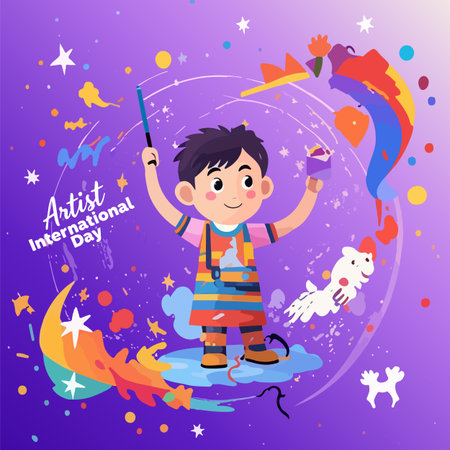 Artist International Day paint boy, vector art illustration.のイラスト素材