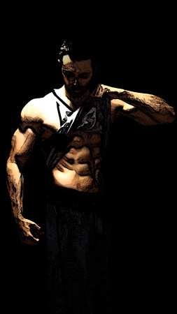 Strong and handsome young man with muscles and biceps. Close-up of a power fitness man. Black and white photoの写真素材
