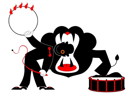 A tamer is putting his head into a lion's jawsのイラスト素材