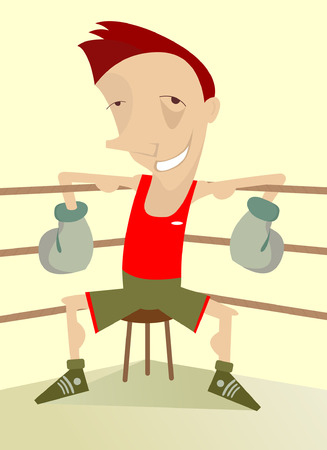 Boxer with a black eye smiling and sitting in the corner of the ringのイラスト素材