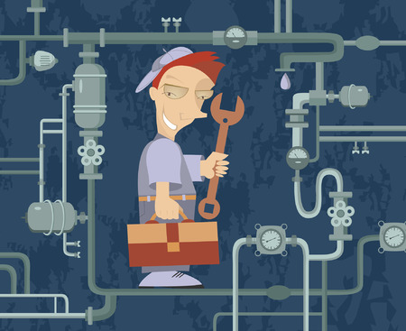 Comic mechanic repairs pipe constructionのイラスト素材