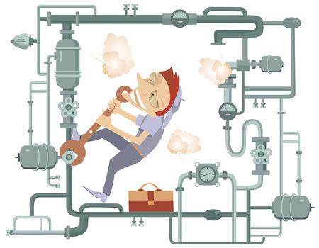 Comic mechanic hardly tightens the bolt and repairs pipe constructionのイラスト素材
