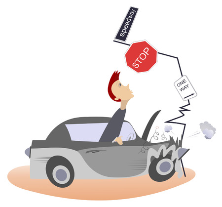 Man driving the car runs into a road signのイラスト素材
