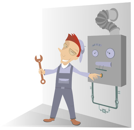 Comic mechanic has repaired a construction and presses the start buttonのイラスト素材