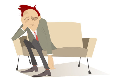 Man in low spirits sits on the edge sofa and puts hands downのイラスト素材