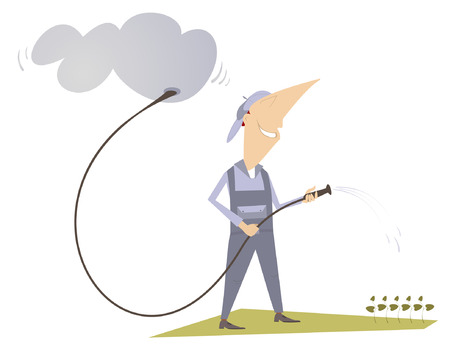 Man is watering a lawn with hoseのイラスト素材