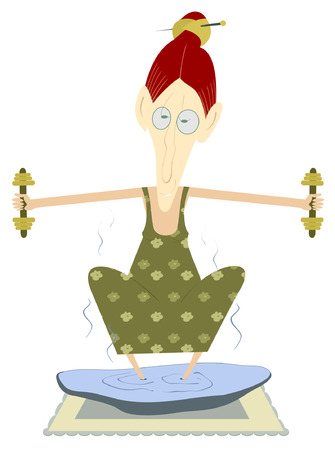 Old woman takes a hydrotherapeutic procedure and trains with dumbbellsのイラスト素材