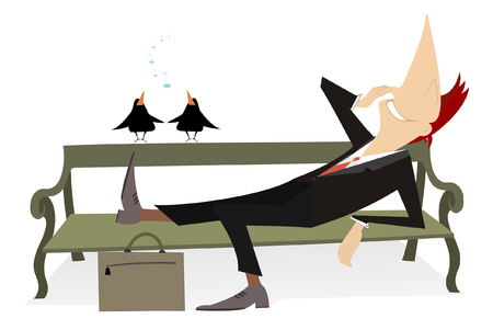 Rest of the businessman. Businessman lies on the bench, listens birds and looks happyのイラスト素材