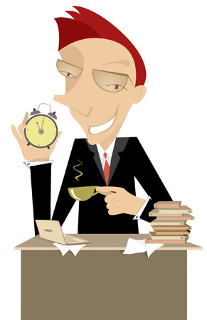 Coffee time. Businessman or a manager carries the clock and reminds that it is time for a cup of coffeeのイラスト素材
