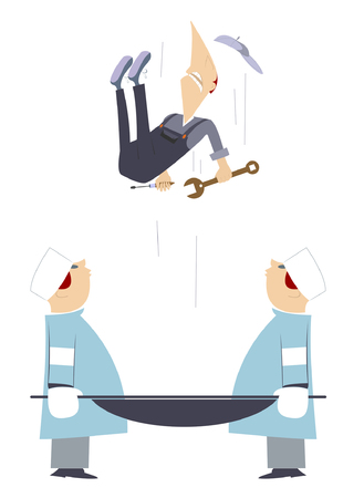 Emergency.  Two physicians are keeping a stretcher so to catch a falling workerのイラスト素材