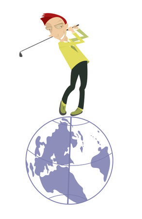 Golf is a popular world game. Smiling golfer standing on the top of the Earthのイラスト素材
