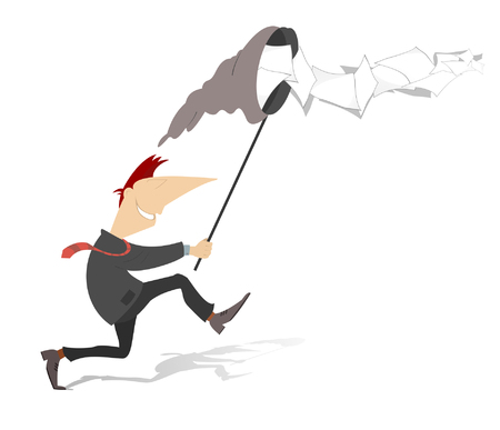 Smiling businessman catches documents by butterfly netのイラスト素材