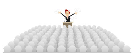 Great number of people listen an emotional speech. Man makes an emotional speech from tribuneのイラスト素材